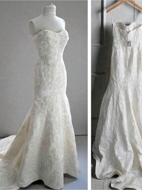 Oleg Cassini Elegant Ivory Beaded Strapless Mermaid Wedding Gown